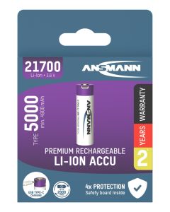 Li-Ion battery 21700 type 5000 (min. 4900 mAh) with USB type C charging socket